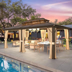 EROMMY Pavillon mit festem Dach, Pergola mit Doppeldach, Netz und Vorhängen, robuste Überdachung für Terrasse, Garten und Poolpartys