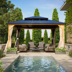 EROMMY Pavillon mit festem Dach, Pergola mit Doppeldach, Netz und Vorhängen, robuste Überdachung für Terrasse, Garten und Poolpartys