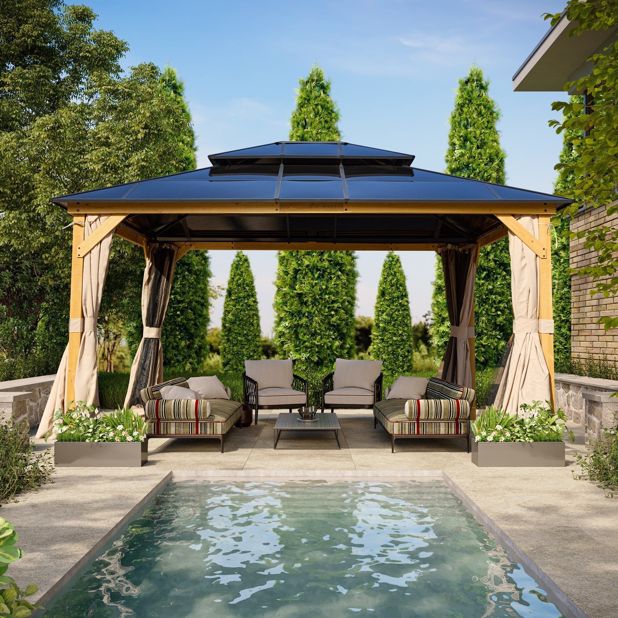 EROMMY Pavillon mit festem Dach, Pergola mit Doppeldach, Netz und Vorhängen, robuste Überdachung für Terrasse, Garten und Poolpartys