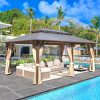 EROMMY Pavillon mit festem Dach, Pergola mit Doppeldach, Netz und Vorhängen, robuste Überdachung für Terrasse, Garten und Poolpartys