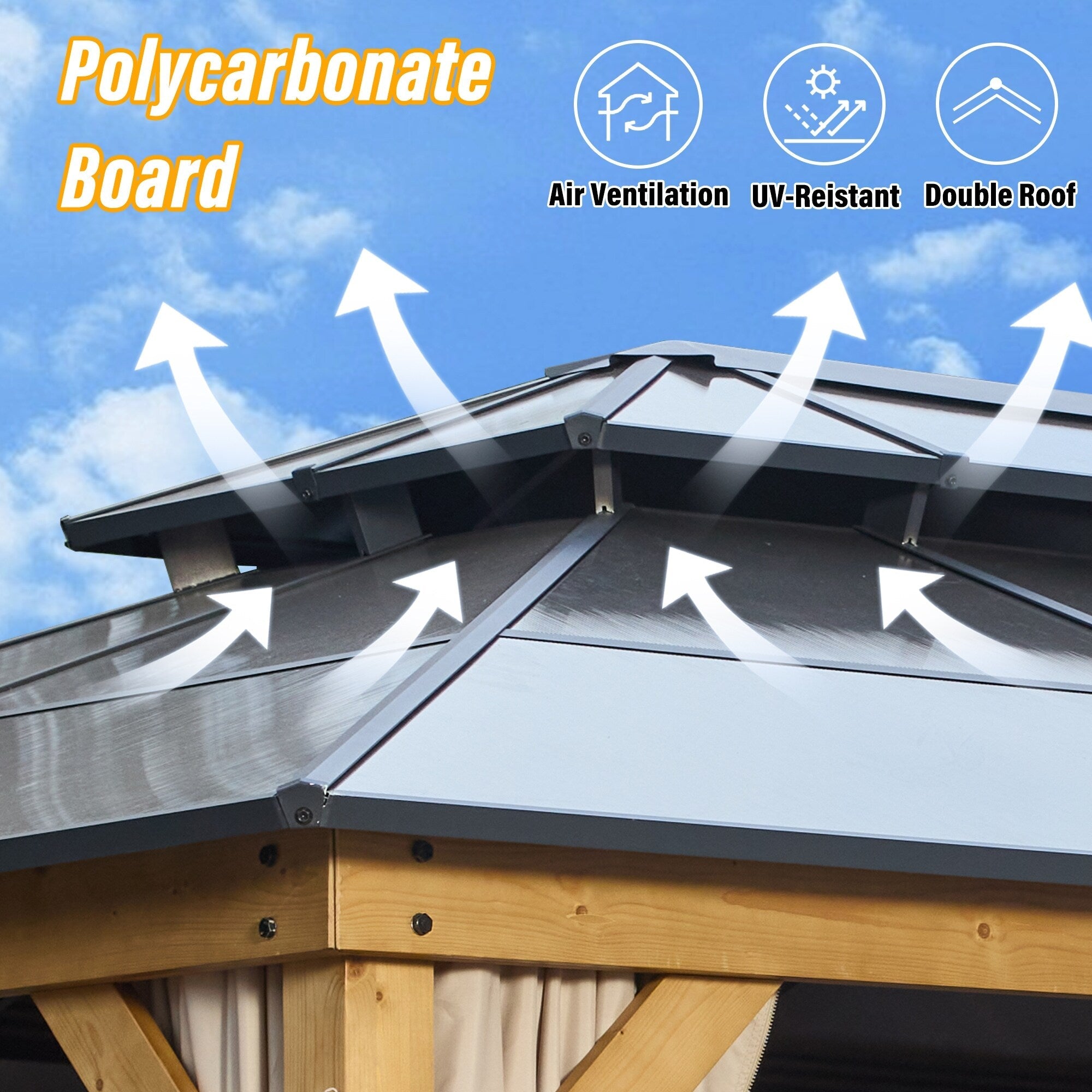 EROMMY Pavillon mit festem Dach, Pergola mit Doppeldach, Netz und Vorhängen, robuste Überdachung für Terrasse, Garten und Poolpartys