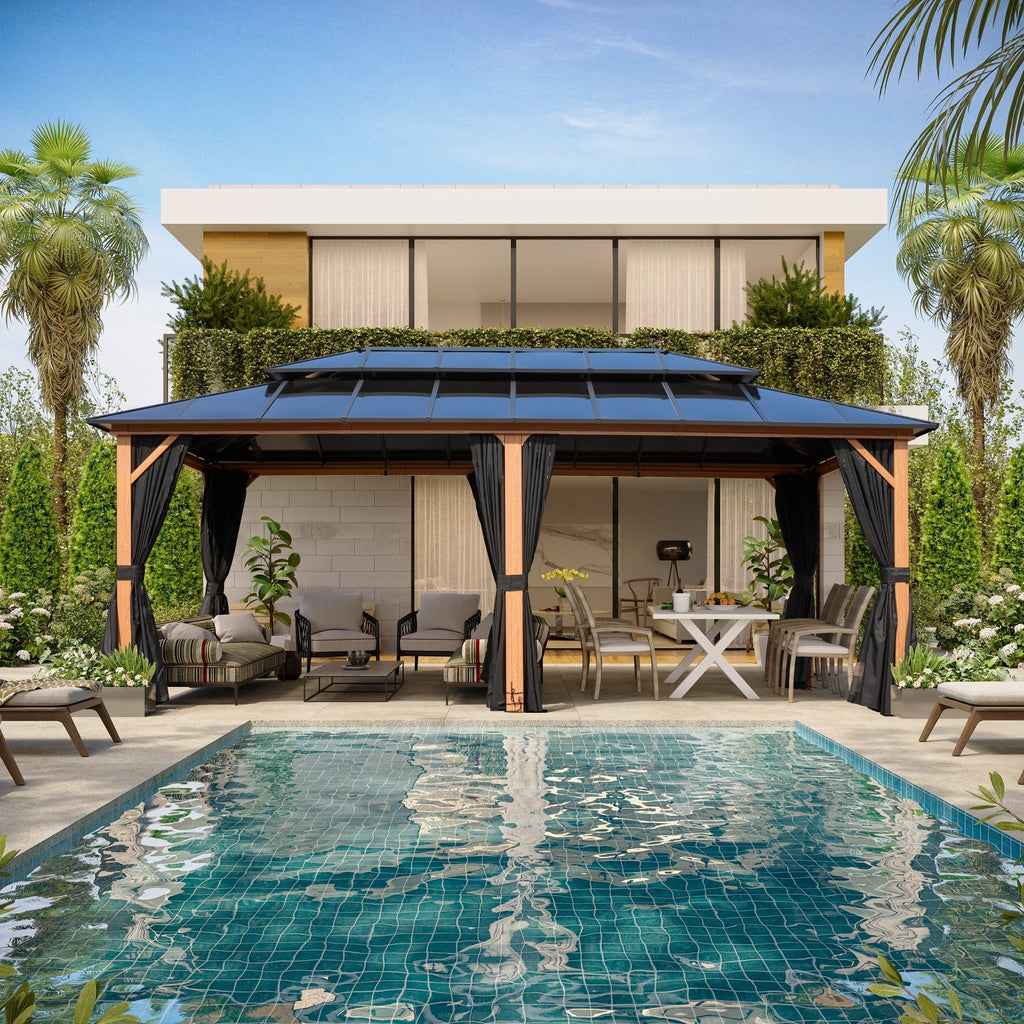 EROMMY Pavillon mit festem Dach, Pergola mit Doppeldach, Netz und Vorhängen, robuste Überdachung für Terrasse, Garten und Poolpartys