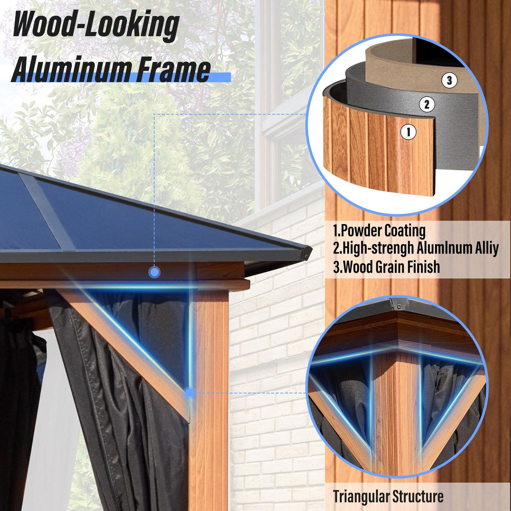 EROMMY Pavillon mit festem Dach, Pergola mit Doppeldach, Netz und Vorhängen, robuste Überdachung für Terrasse, Garten und Poolpartys
