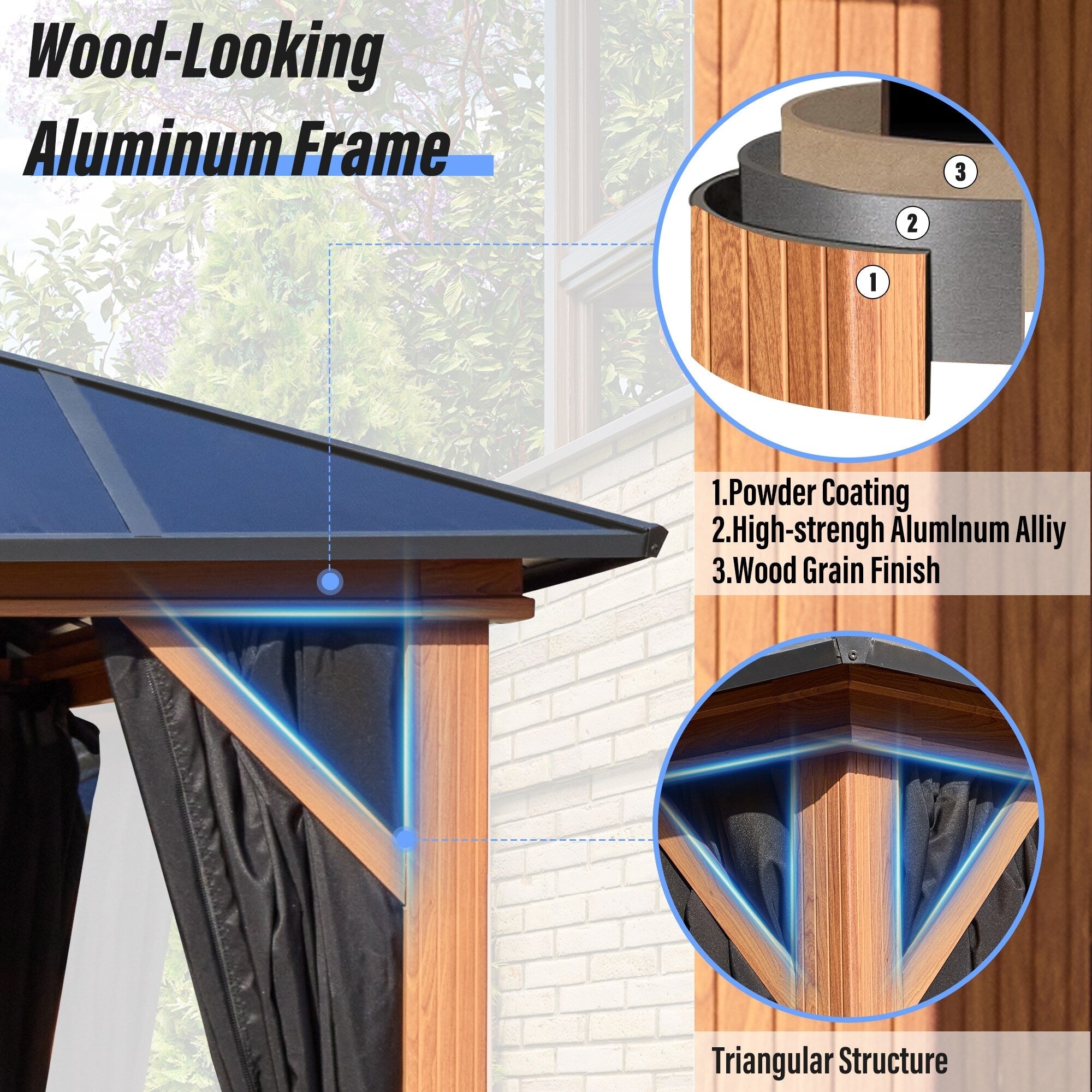 EROMMY Pavillon mit festem Dach, Pergola mit Doppeldach, Netz und Vorhängen, robuste Überdachung für Terrasse, Garten und Poolpartys