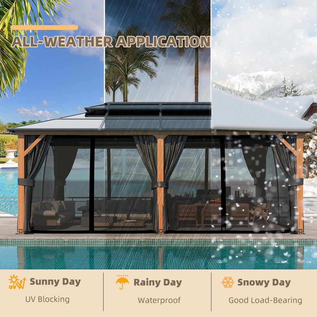 EROMMY Pavillon mit festem Dach, Pergola mit Doppeldach, Netz und Vorhängen, robuste Überdachung für Terrasse, Garten und Poolpartys