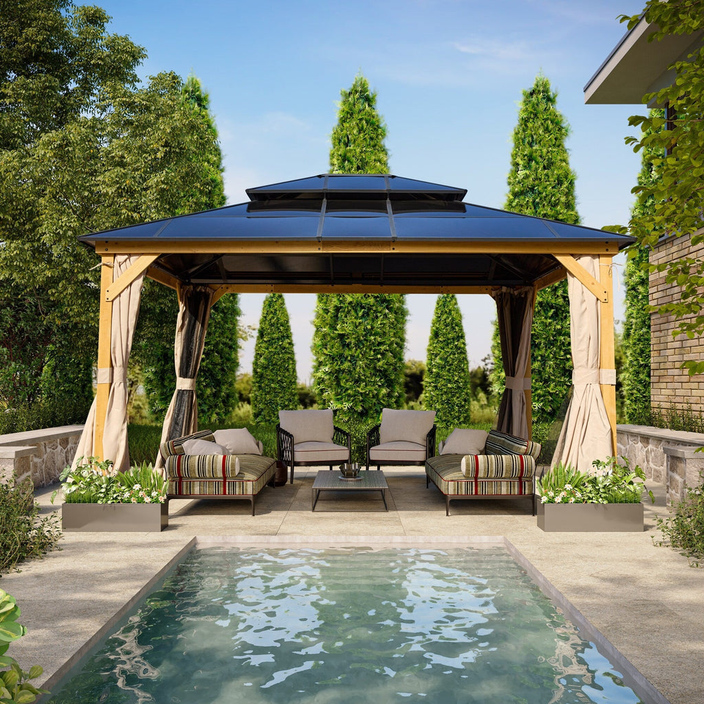 EROMMY Pavillon mit festem Dach, Pergola mit Doppeldach, Netz und Vorhängen, robuste Überdachung für Terrasse, Garten und Poolpartys