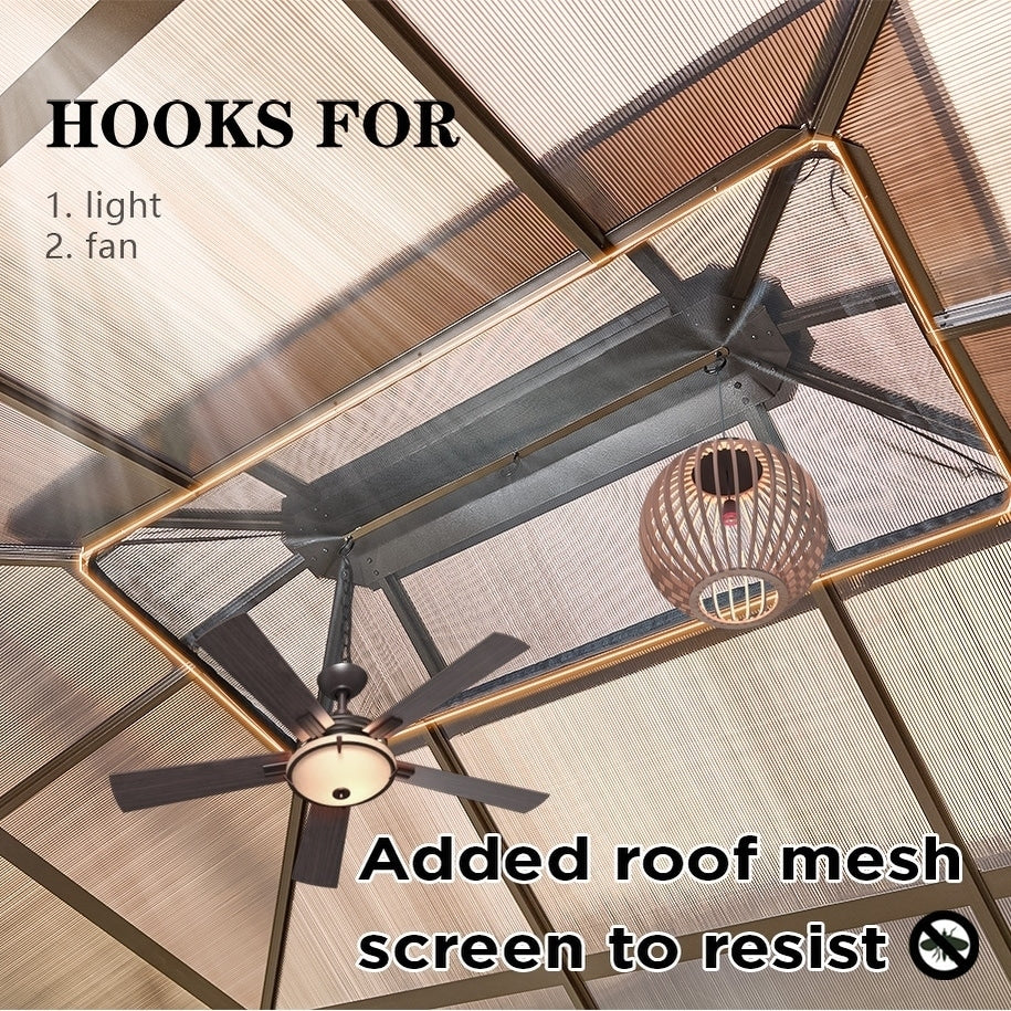 EROMMY Pavillon mit festem Dach, Pergola mit Doppeldach, Netz und Vorhängen, robuste Überdachung für Terrasse, Garten und Poolpartys