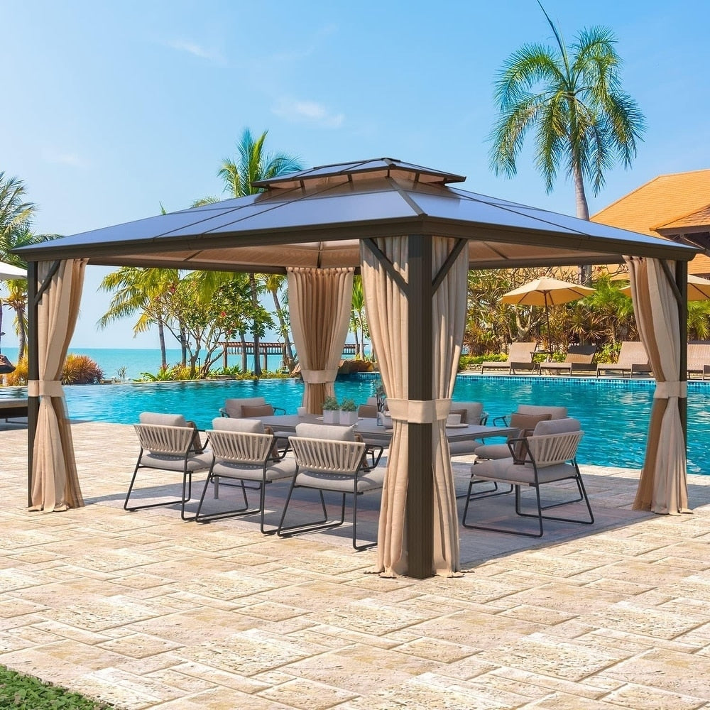 EROMMY Pavillon mit festem Dach, Pergola mit Doppeldach, Netz und Vorhängen, robuste Überdachung für Terrasse, Garten und Poolpartys