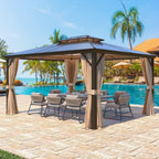 EROMMY Pavillon mit festem Dach, Pergola mit Doppeldach, Netz und Vorhängen, robuste Überdachung für Terrasse, Garten und Poolpartys