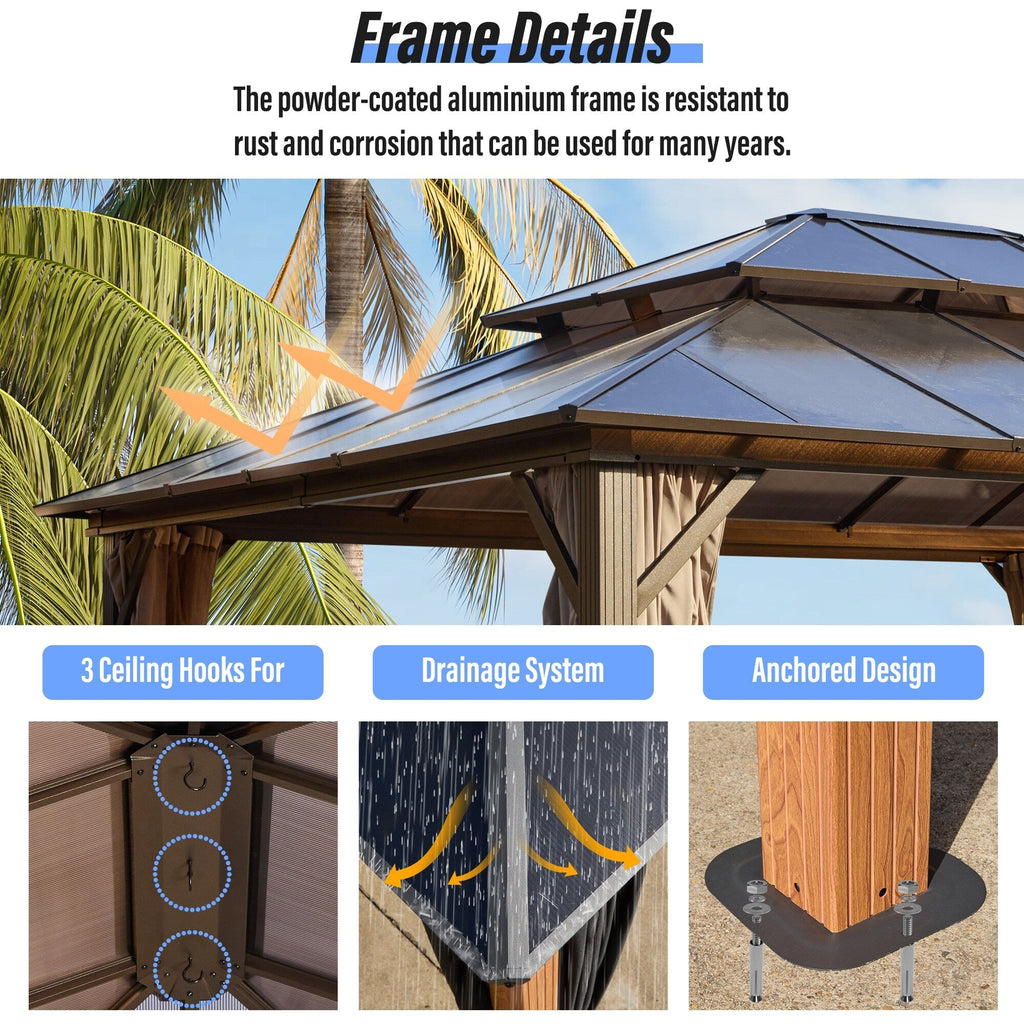 EROMMY Pavillon mit festem Dach, Pergola mit Doppeldach, Netz und Vorhängen, robuste Überdachung für Terrasse, Garten und Poolpartys