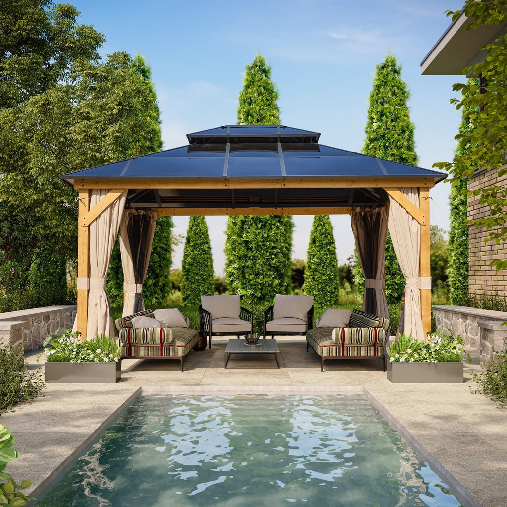 EROMMY Pavillon mit festem Dach, Pergola mit Doppeldach, Netz und Vorhängen, robuste Überdachung für Terrasse, Garten und Poolpartys