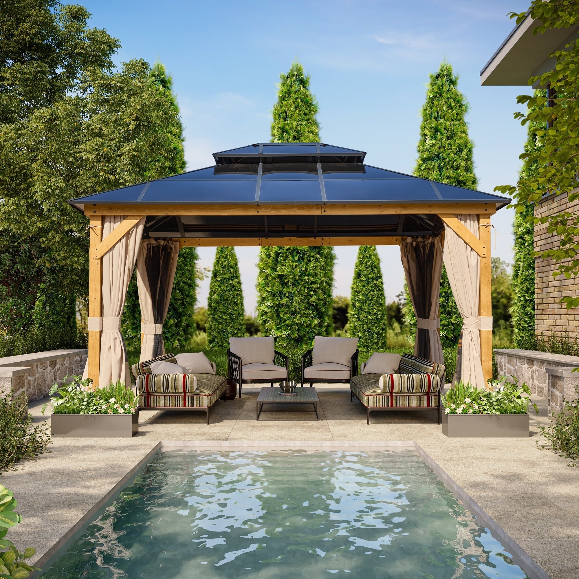 EROMMY Pavillon mit festem Dach, Pergola mit Doppeldach, Netz und Vorhängen, robuste Überdachung für Terrasse, Garten und Poolpartys