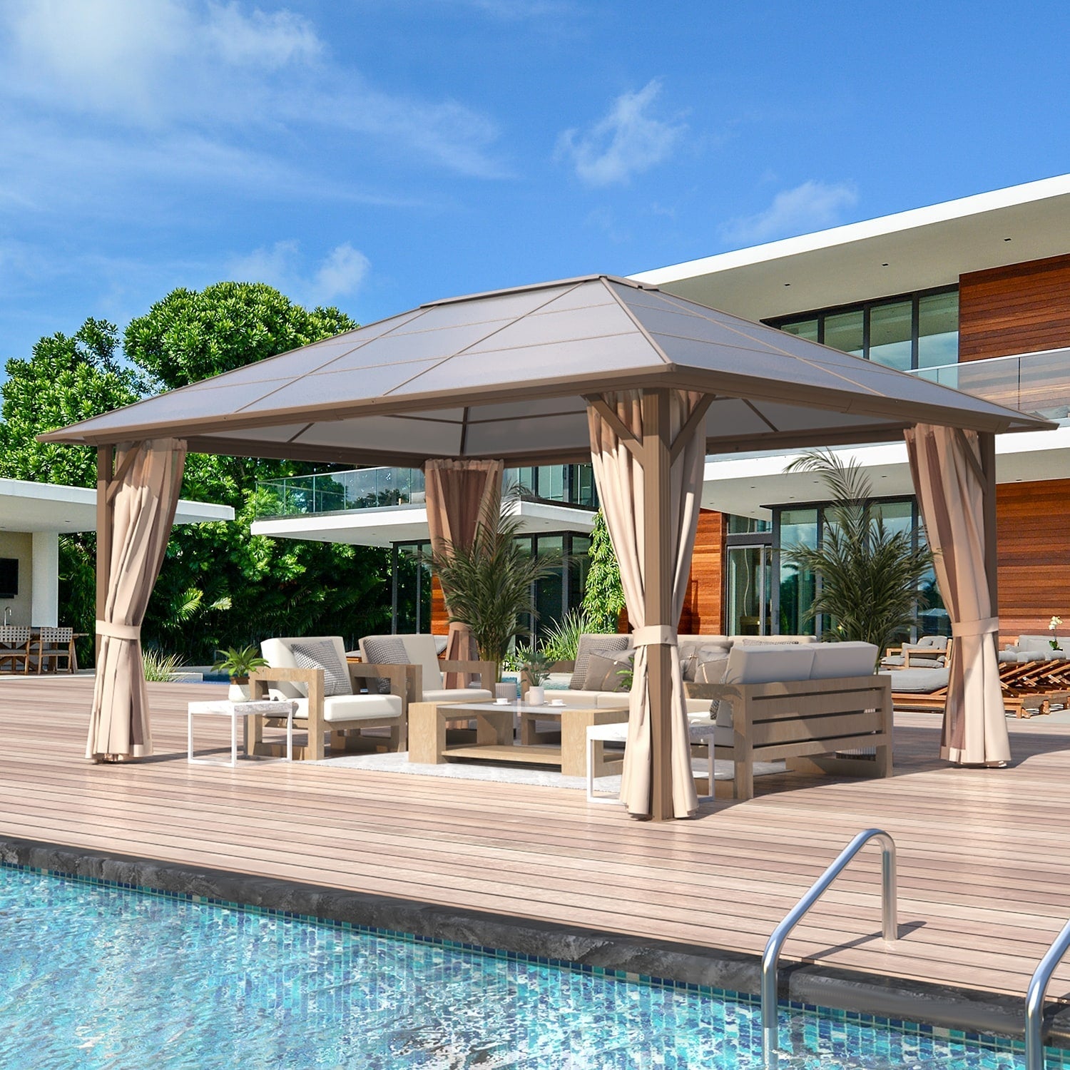 EROMMY Pavillon mit festem Dach, Pergola mit Doppeldach, Netz und Vorhängen, robuste Überdachung für Terrasse, Garten und Poolpartys