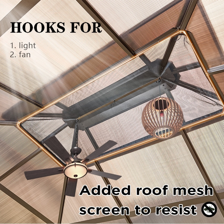 EROMMY Pavillon mit festem Dach, Pergola mit Doppeldach, Netz und Vorhängen, robuste Überdachung für Terrasse, Garten und Poolpartys