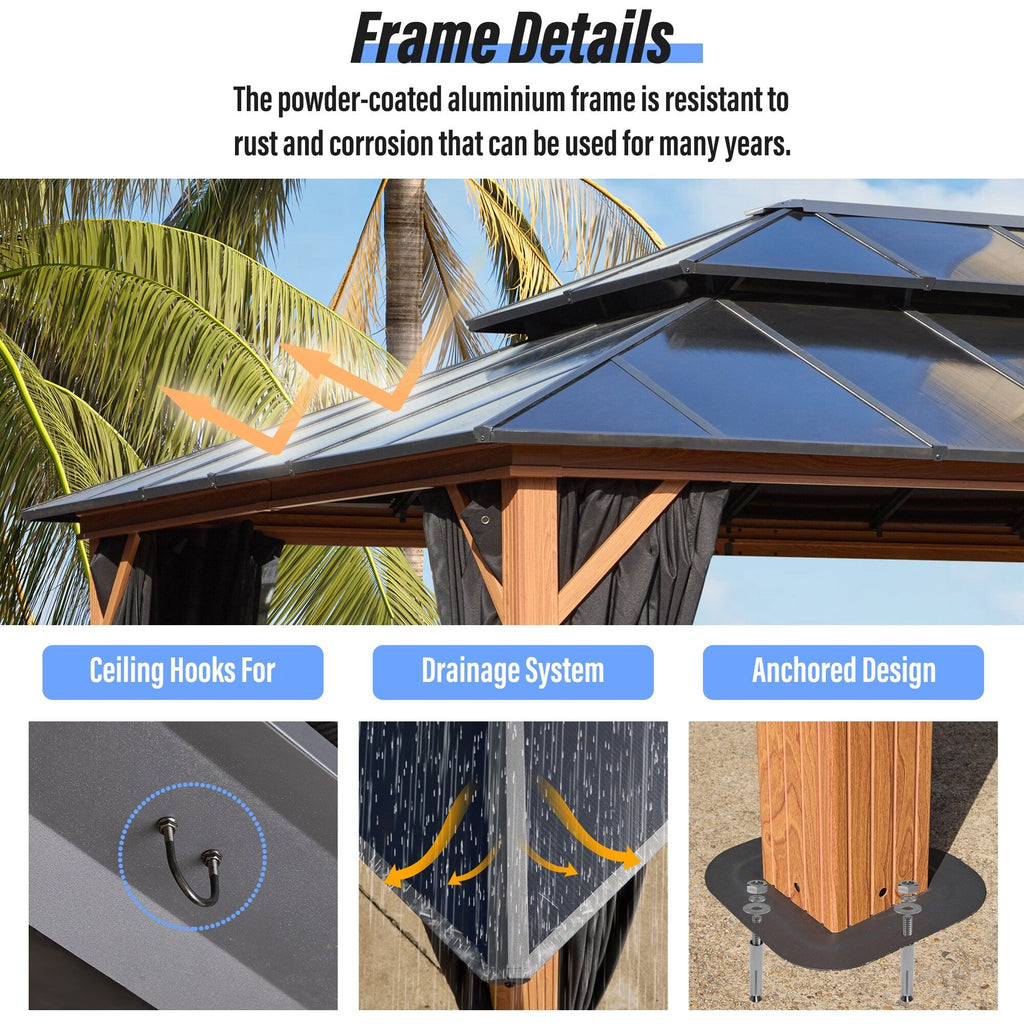 EROMMY Pavillon mit festem Dach, Pergola mit Doppeldach, Netz und Vorhängen, robuste Überdachung für Terrasse, Garten und Poolpartys