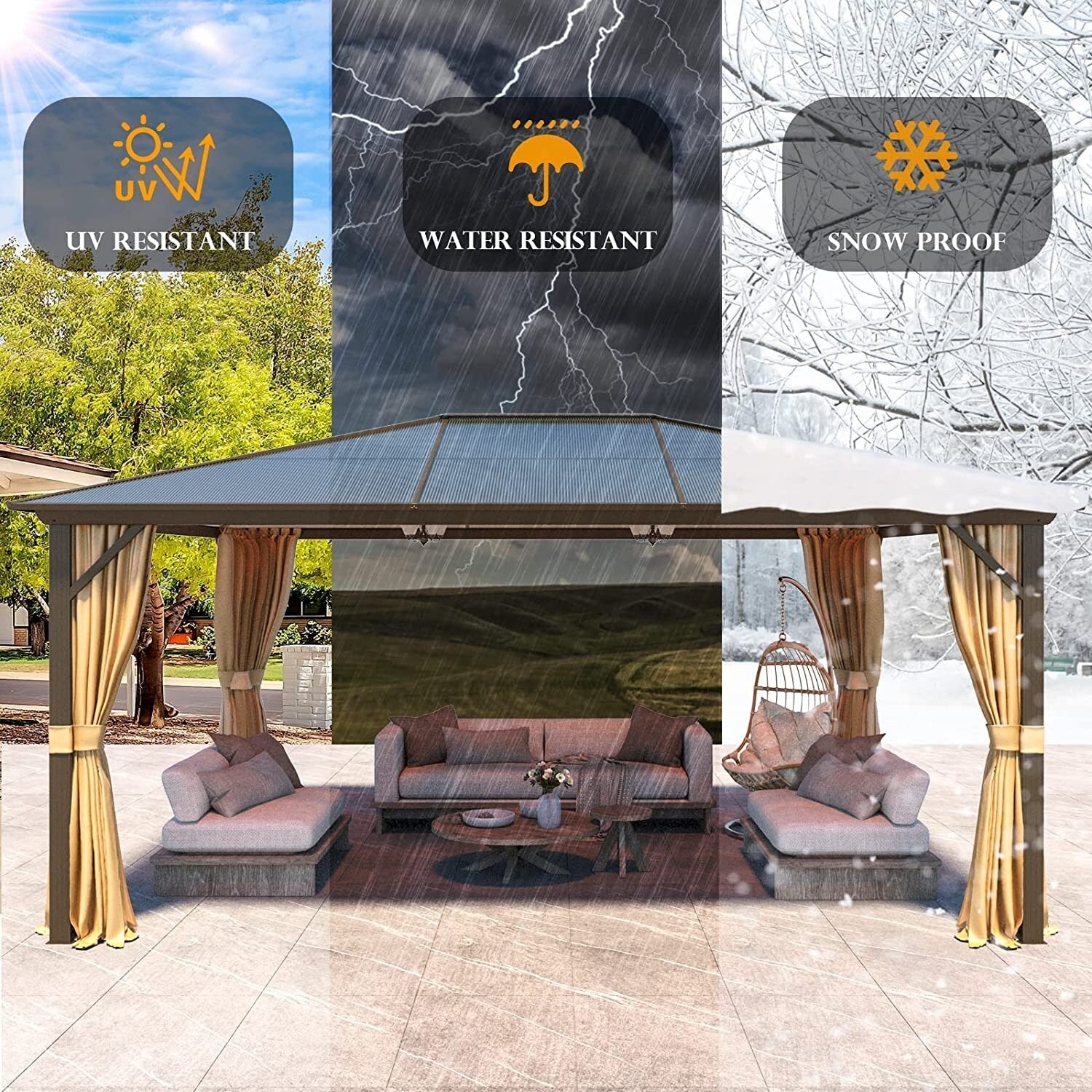 EROMMY Pavillon mit festem Dach, Pergola mit Doppeldach, Netz und Vorhängen, robuste Überdachung für Terrasse, Garten und Poolpartys