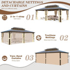 EROMMY Pavillon mit festem Dach, Pergola mit Doppeldach, Netz und Vorhängen, robuste Überdachung für Terrasse, Garten und Poolpartys