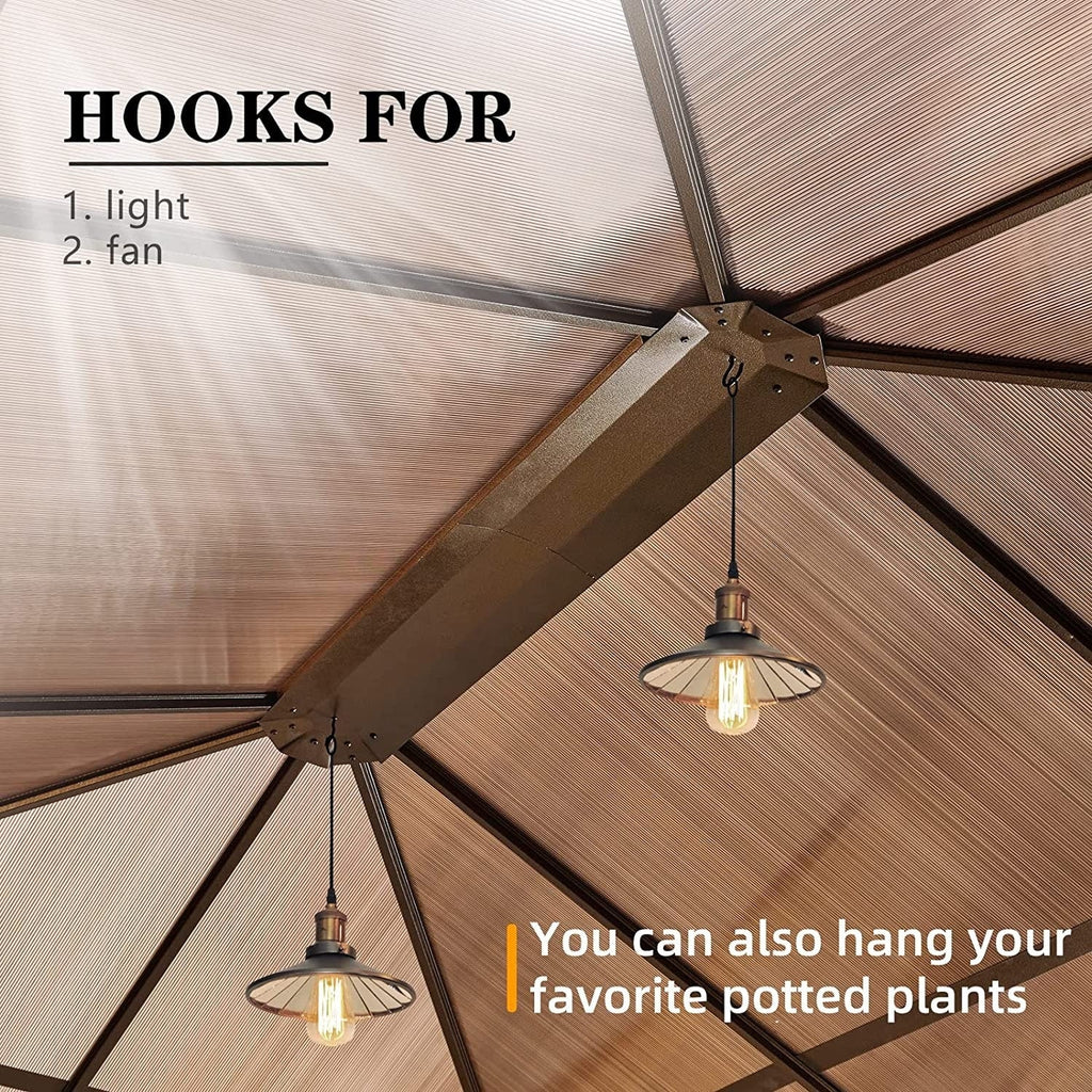 EROMMY Pavillon mit festem Dach, Pergola mit Doppeldach, Netz und Vorhängen, robuste Überdachung für Terrasse, Garten und Poolpartys