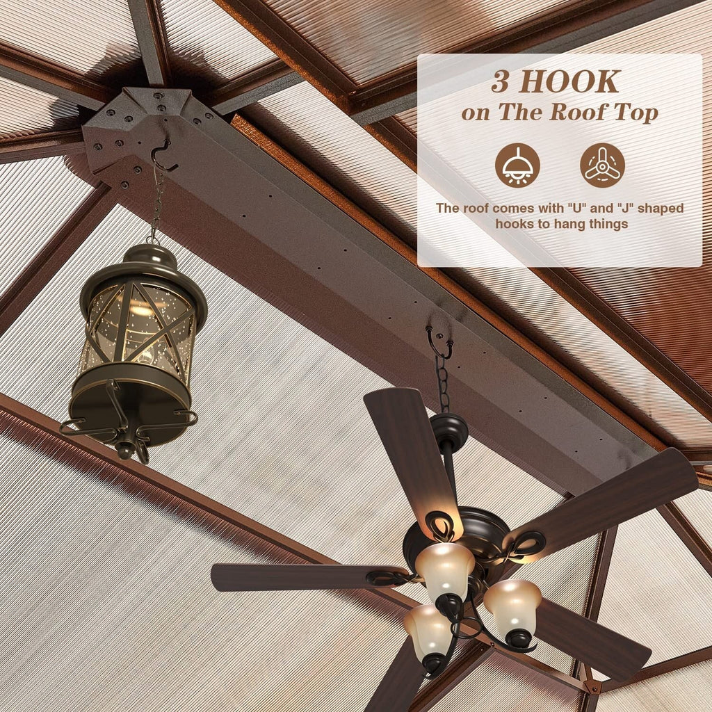 EROMMY Pavillon mit festem Dach, Pergola mit Doppeldach, Netz und Vorhängen, robuste Überdachung für Terrasse, Garten und Poolpartys