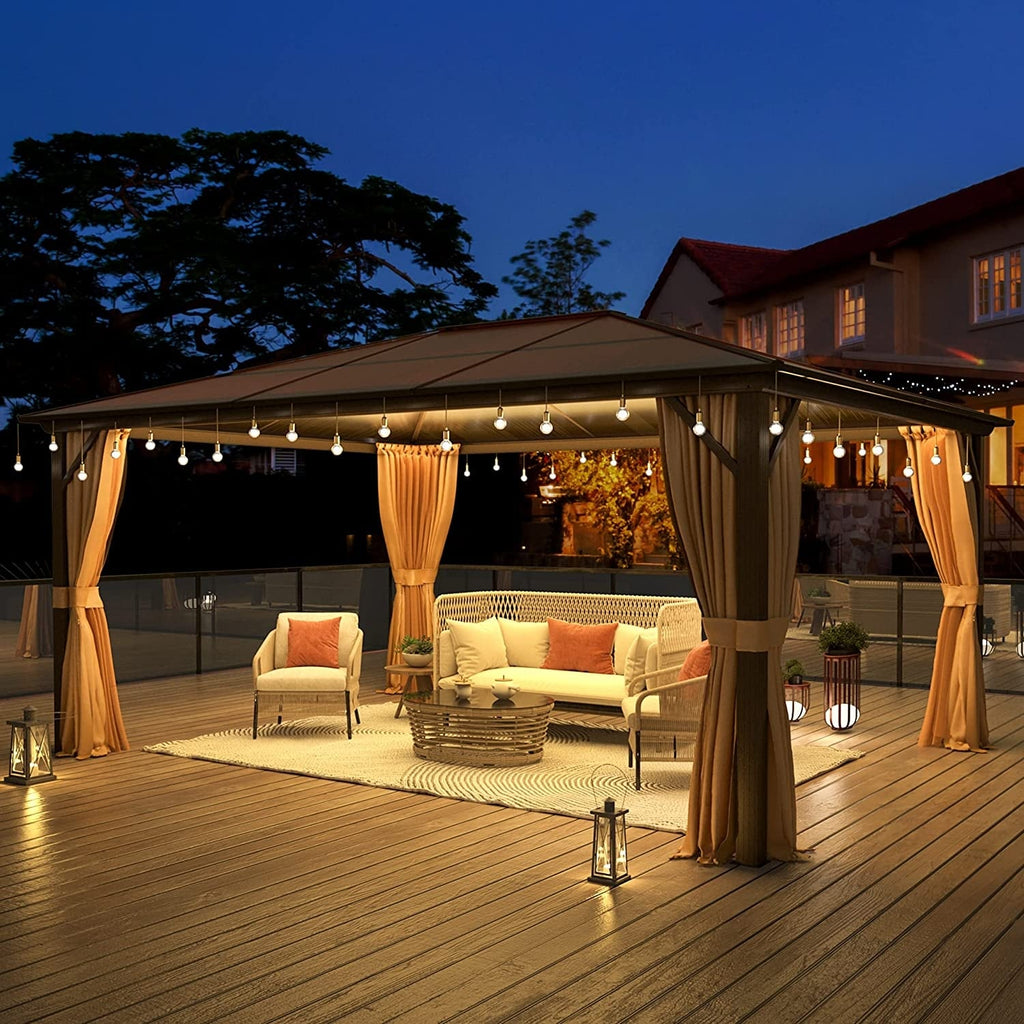 EROMMY Pavillon mit festem Dach, Pergola mit Doppeldach, Netz und Vorhängen, robuste Überdachung für Terrasse, Garten und Poolpartys