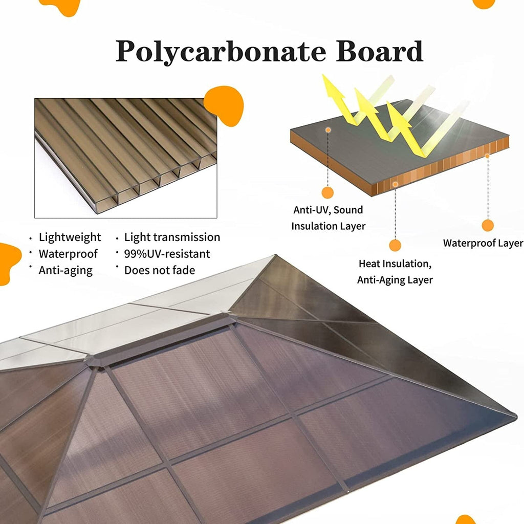 EROMMY Pavillon mit festem Dach, Pergola mit Doppeldach, Netz und Vorhängen, robuste Überdachung für Terrasse, Garten und Poolpartys