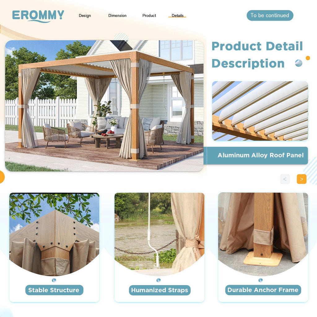 EROMMY Pergola-Pavillon mit verstellbarem, regensicherem Aluminiumdach