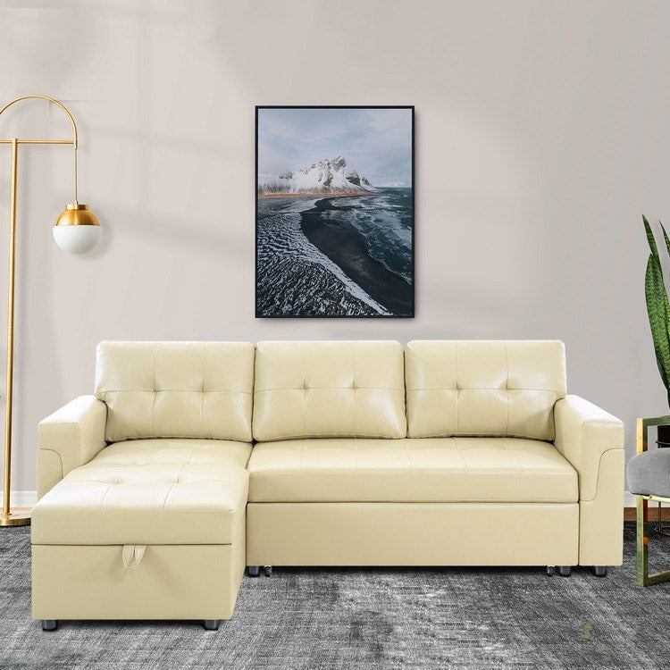 Wendbares Ecksofa mit ausziehbarem Schlafsofa, versteckter Stauraum-Chaiselongue und robusten Beinen