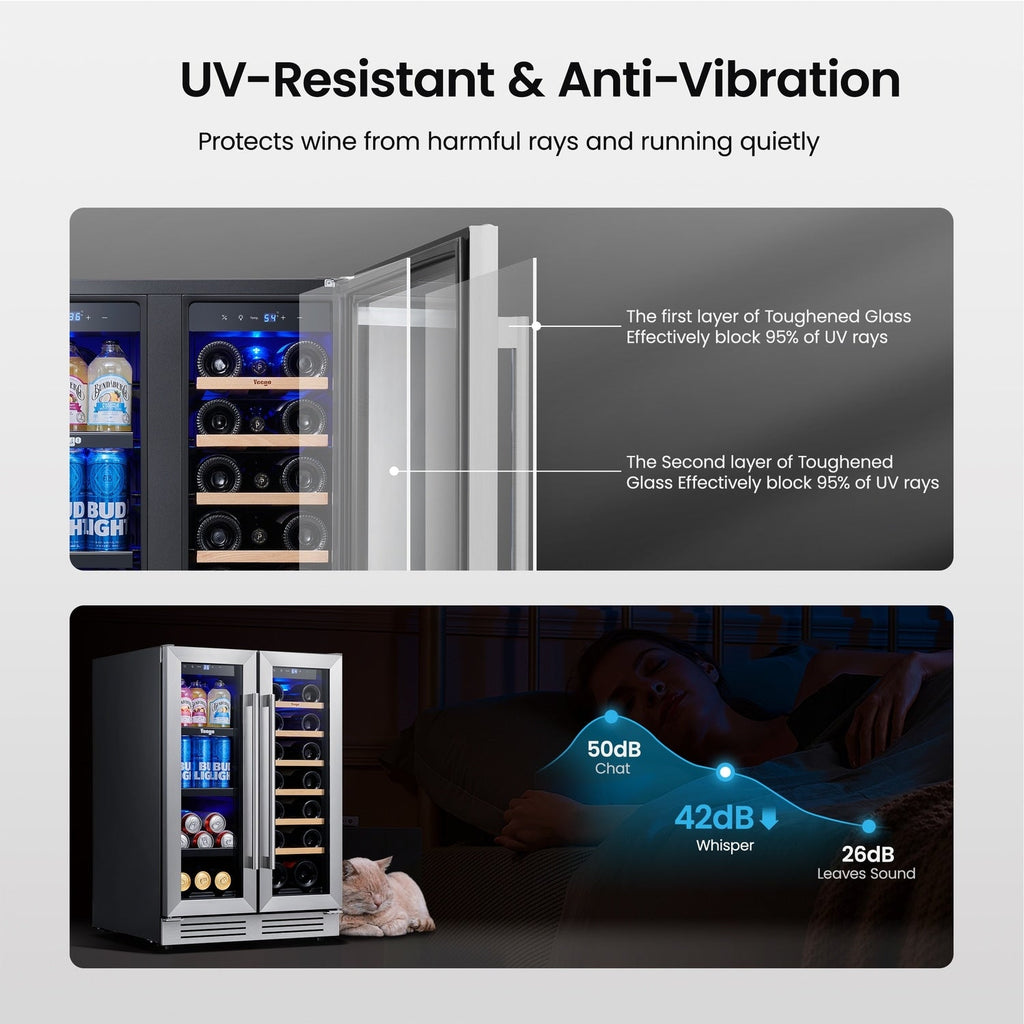 24-Zoll-Wein-/Getränkekühlschrank, 20 Flaschen/60 Dosen, Zweizonen-Kühlschrank – 24 Zoll