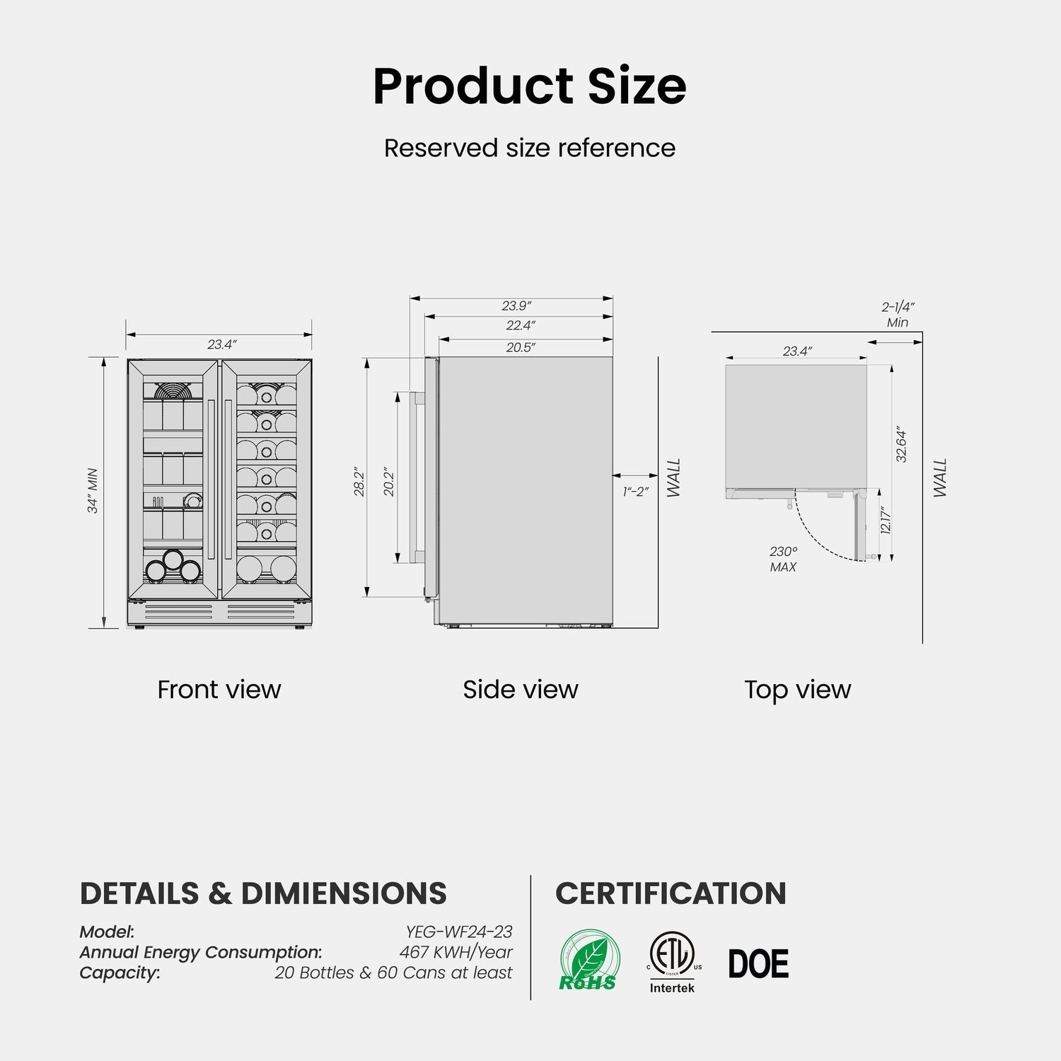 24-Zoll-Wein-/Getränkekühlschrank, 20 Flaschen/60 Dosen, Zweizonen-Kühlschrank – 24 Zoll